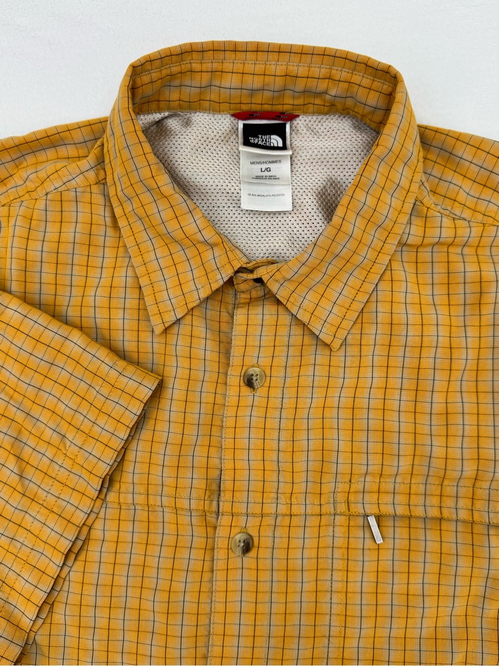 The North Face Men's Large Short Sleeve Button Down Orange Grey Plaid Gorpcore